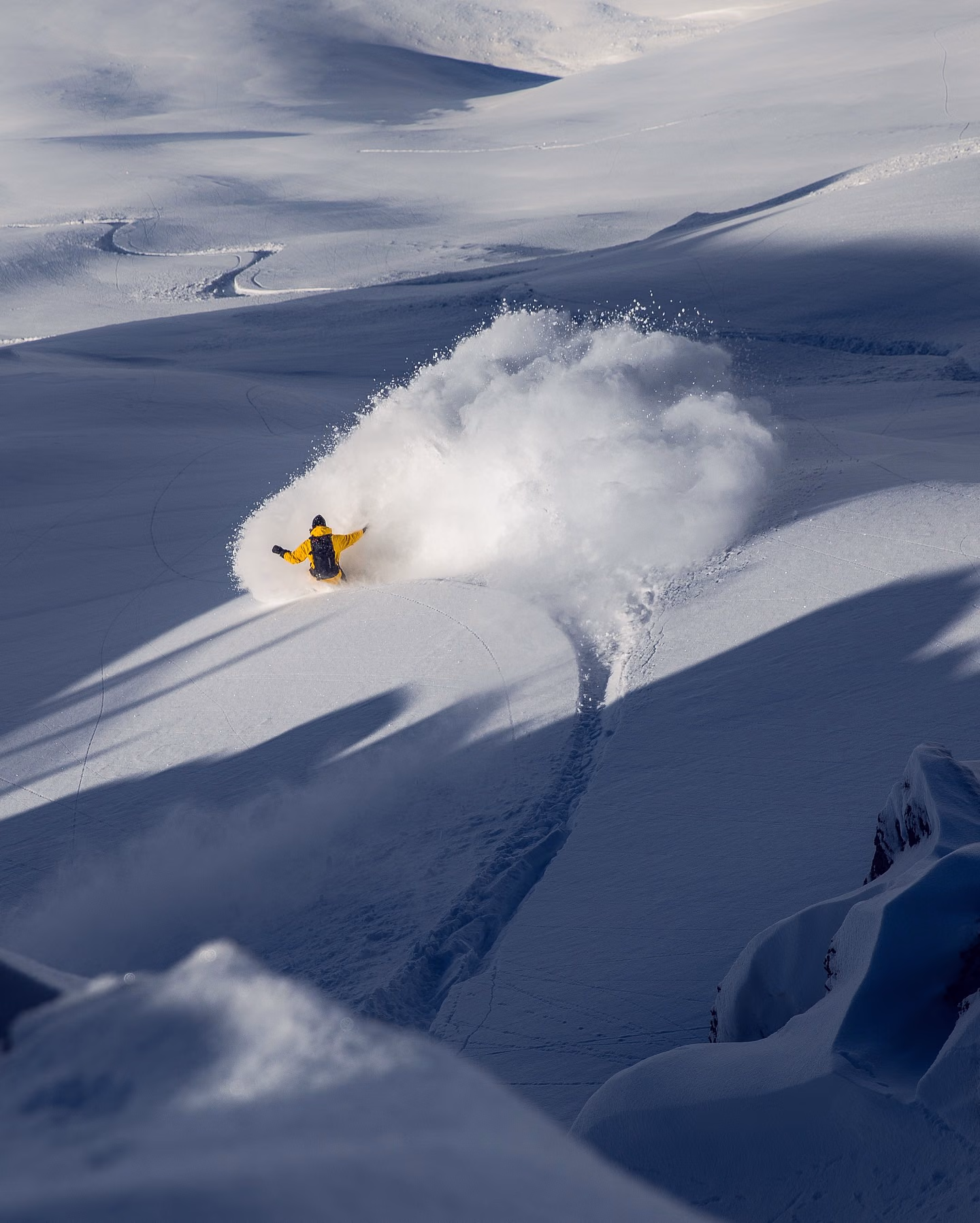 Rider throwing up deep powder in Gulmarg